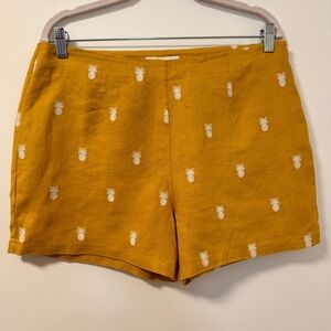 Boden Linen Embroidered Pineapple Gold White High Waist Shorts Size 10
